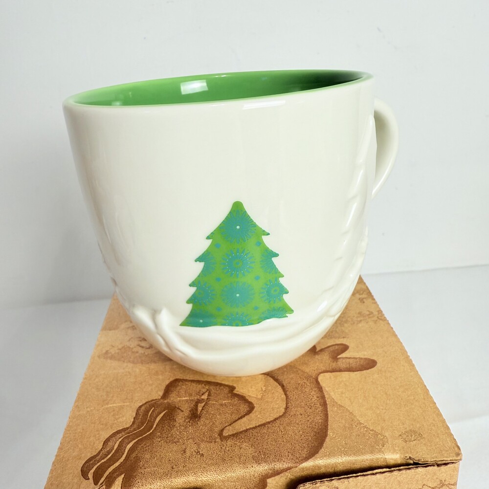 Starbucks Brown Embossed Trees Sledding Decorative Script Coffee Mug Box - Picture 2 of 12